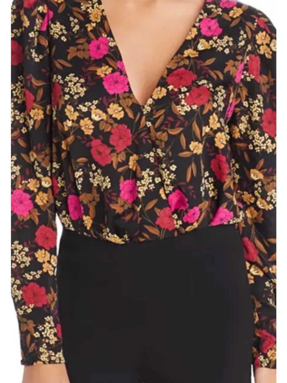 Astr Floral V-Neck Long Sleeve Blouse in Black with Pink & Red Flowers